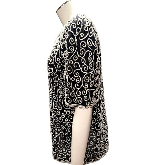 Lawrence Kazar 2X Black Silk Beaded Top Pearl Swirl Vintage Glam Holiday Party - Picture 7 of 11
